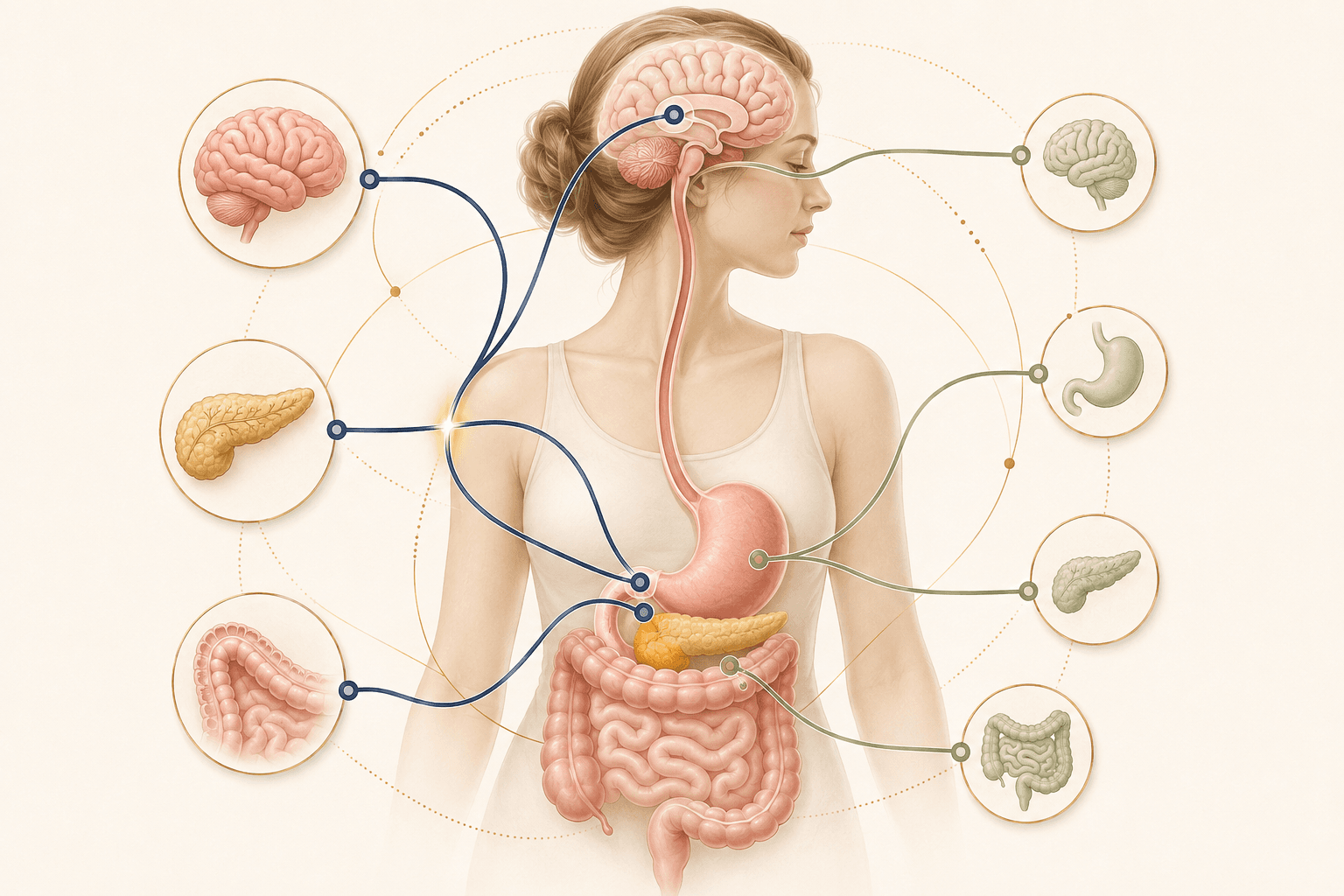 Original anatomical illustration showing incretin signaling across the brain, stomach, pancreas, and intestines