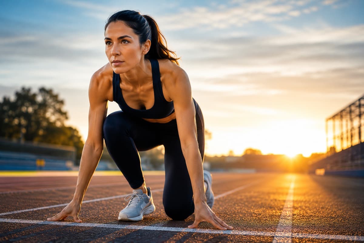 Woman at a running track preparing to begin