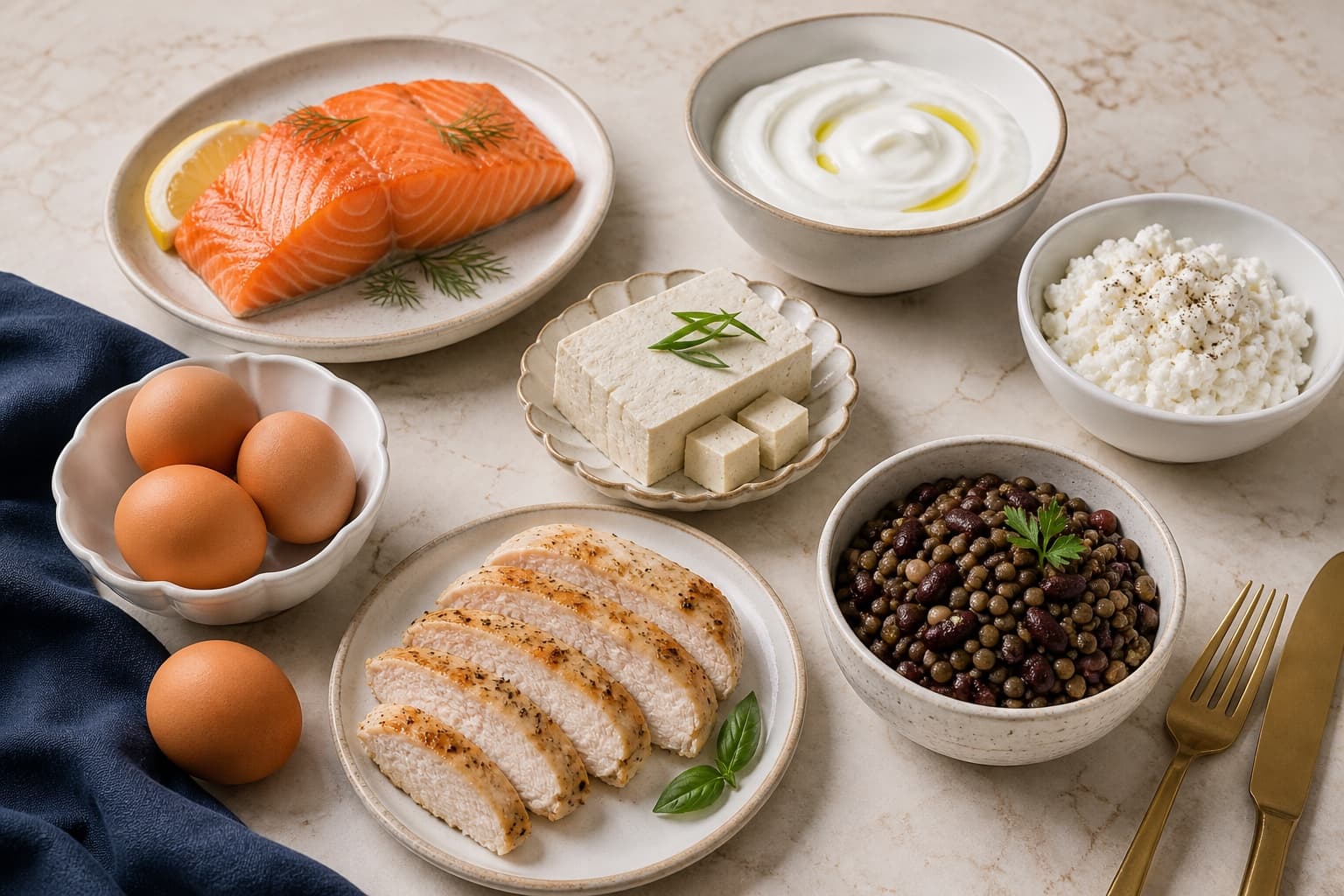 Salmon, yogurt, eggs, tofu, chicken, beans, and lentils arranged on a table